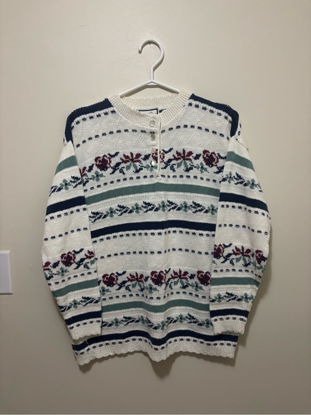 Vintage Carroll Reed Collections Floral Fair Isle Henley Cotton Blend Sweater